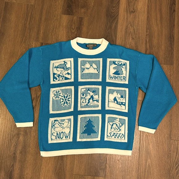 Gitano Sweaters - Gitano Vintage 80s-90s Turquoise & White Knit Sweater Winter Ski Design Medium